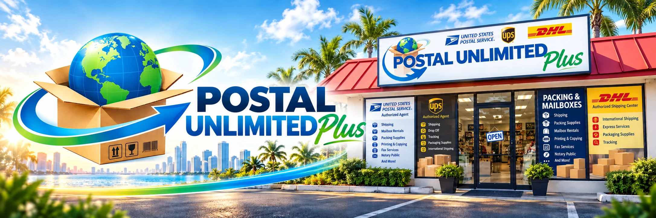 Postal Unlimited Plus globe and parcel branding blended into our Miami storefront